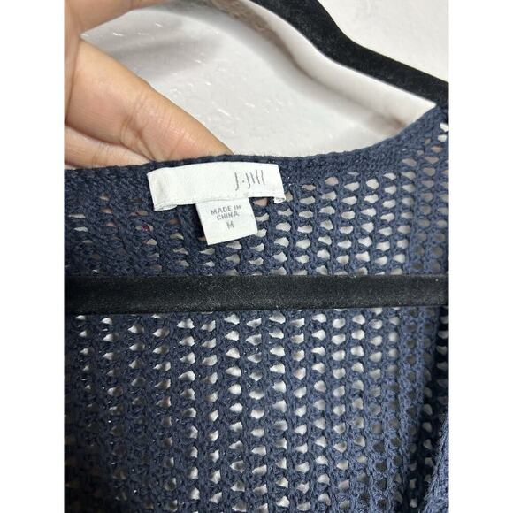 J Jill Open Knit Navy Sweater Tassel Tie Crochet Beachy Coastal Cottage Medium - Picture 6 of 10